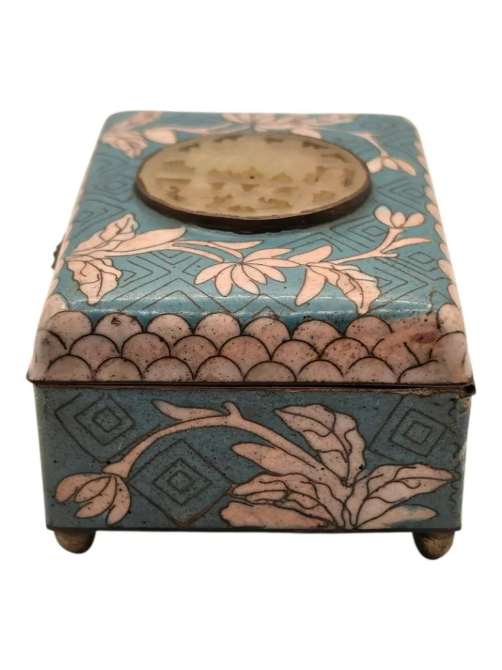 Vintage Cloisonné Trinket Box  Carved Jade Inlay Floral Motif Blue Pink Design